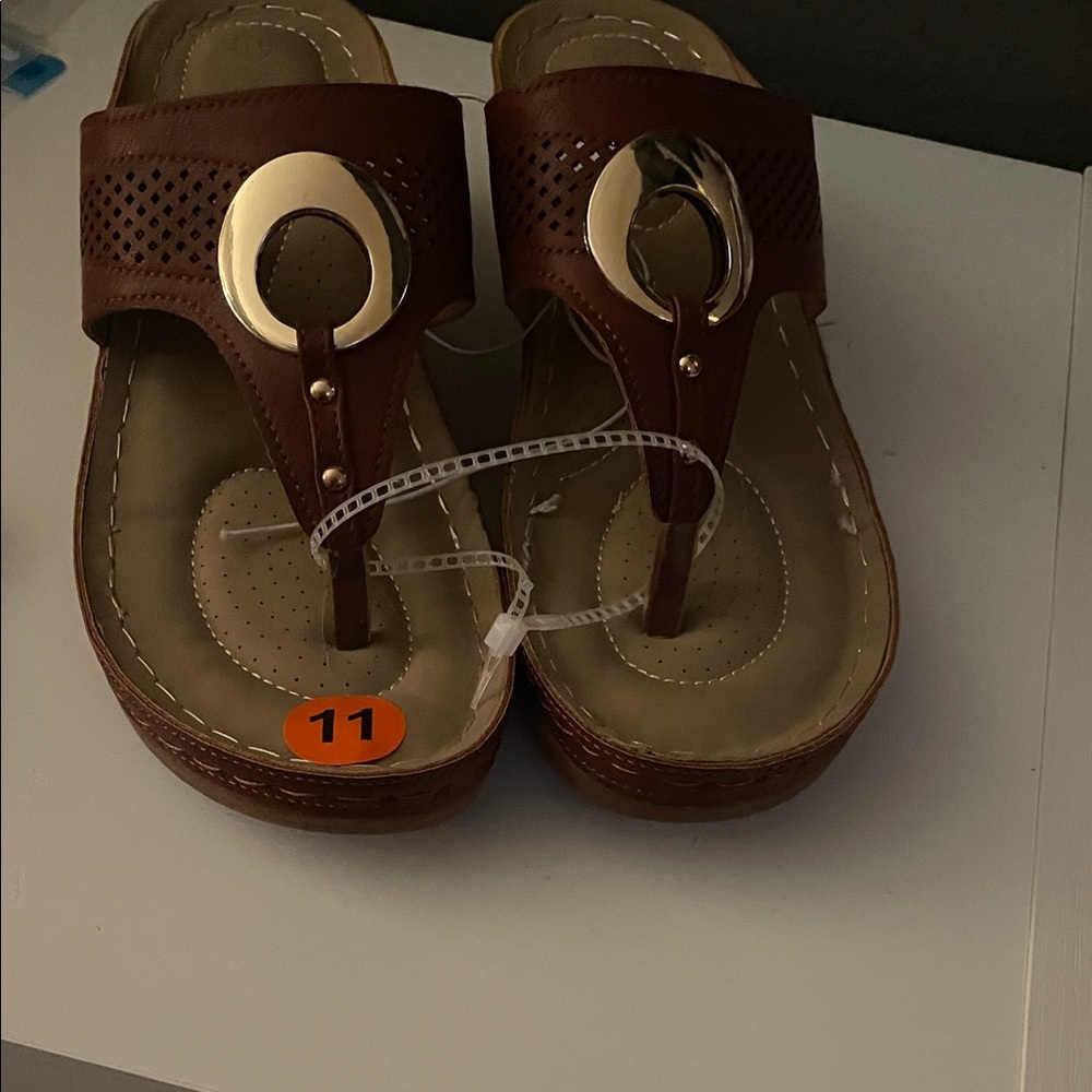 Brown Leather Sandals with Gold Accents